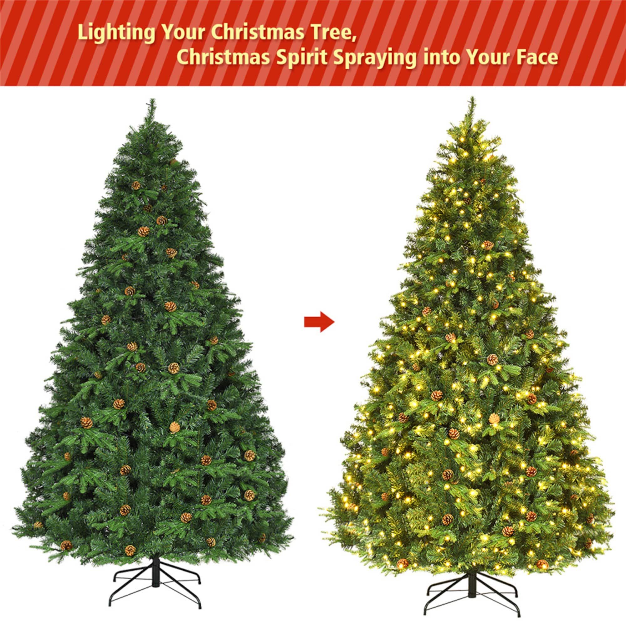 Costway 8ft. Pre-Lit Pinecones Hinged Artificial Christmas Tree, Warm White LED Lights